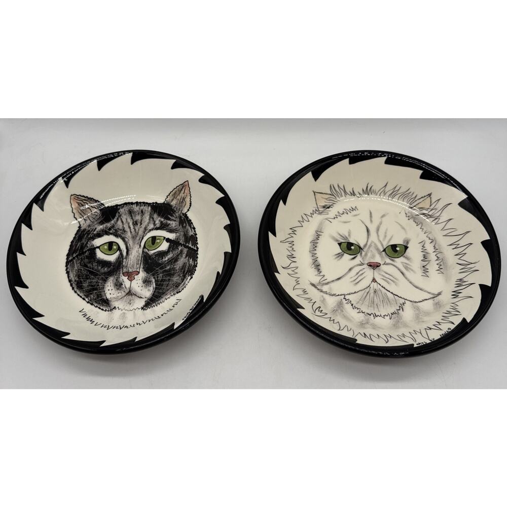 Cats By Nina 8” Ceramic Bowls Green Eyed Tabby And Green Eyed Persian Handpainte